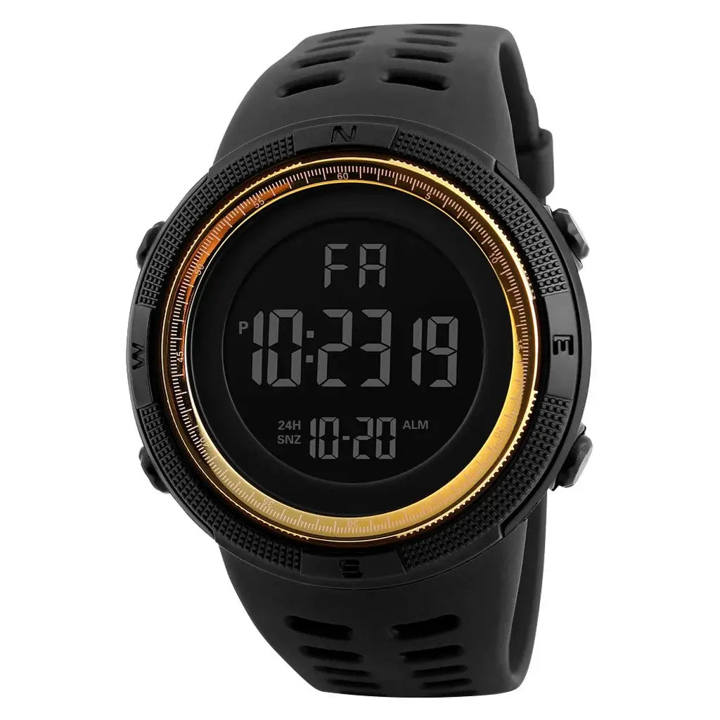 Black digital sport watch with gold bezel, waterproof LED wristwatch for men with alarm and date display