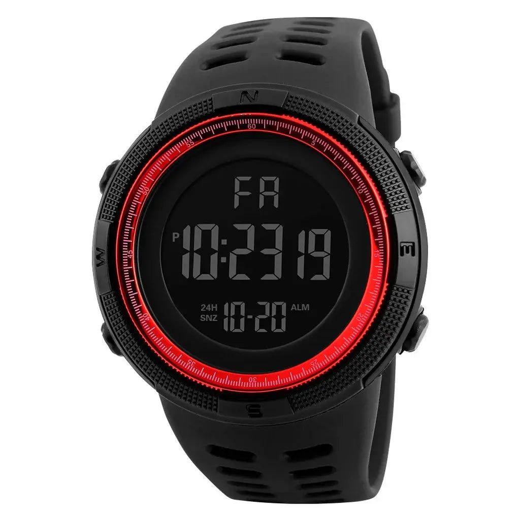 Black digital sport watch with red bezel, waterproof outdoor wristwatch for men with LED display and alarm function