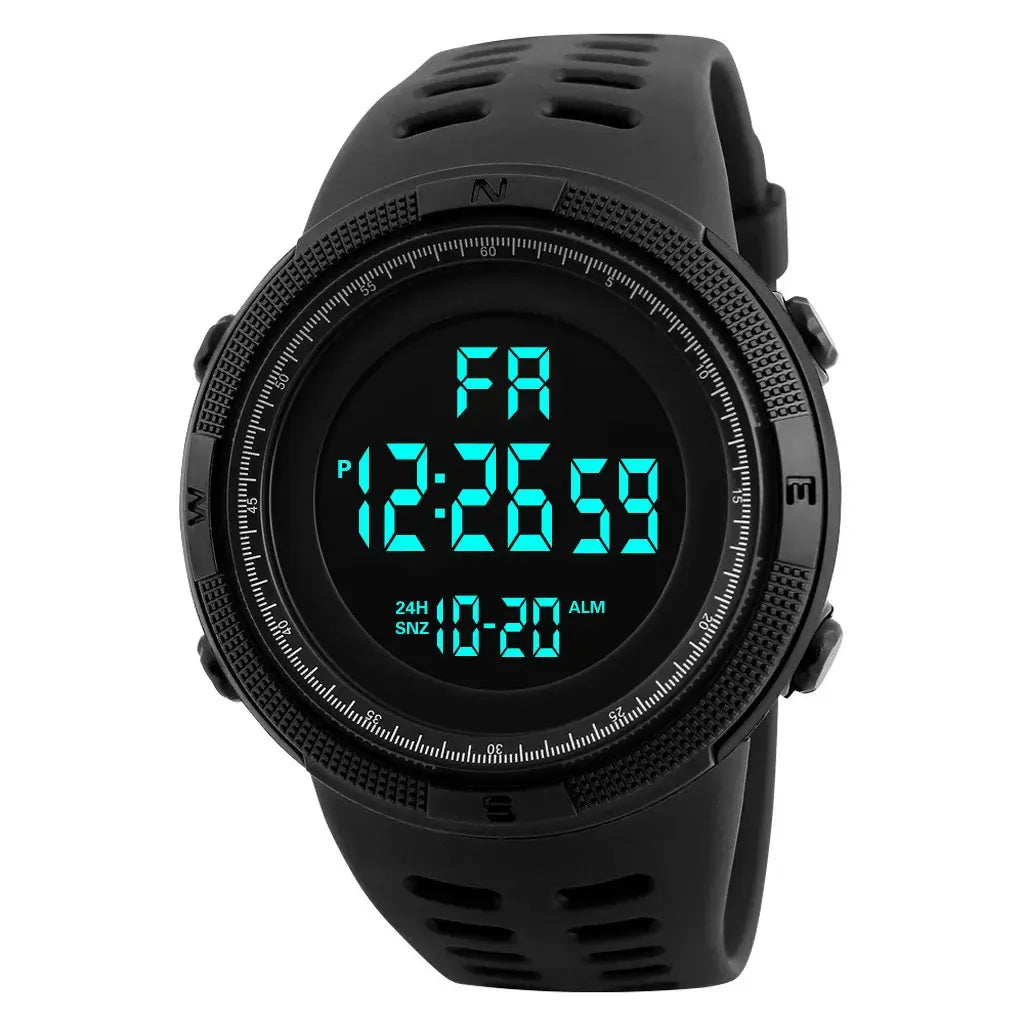 Black digital sport watch with blue LED display, waterproof men’s outdoor wristwatch with alarm and date function