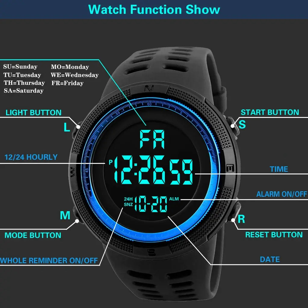Blue digital sport watch with blue LED display showing time, alarm, date, 12/24 hour format, and labeled function buttons