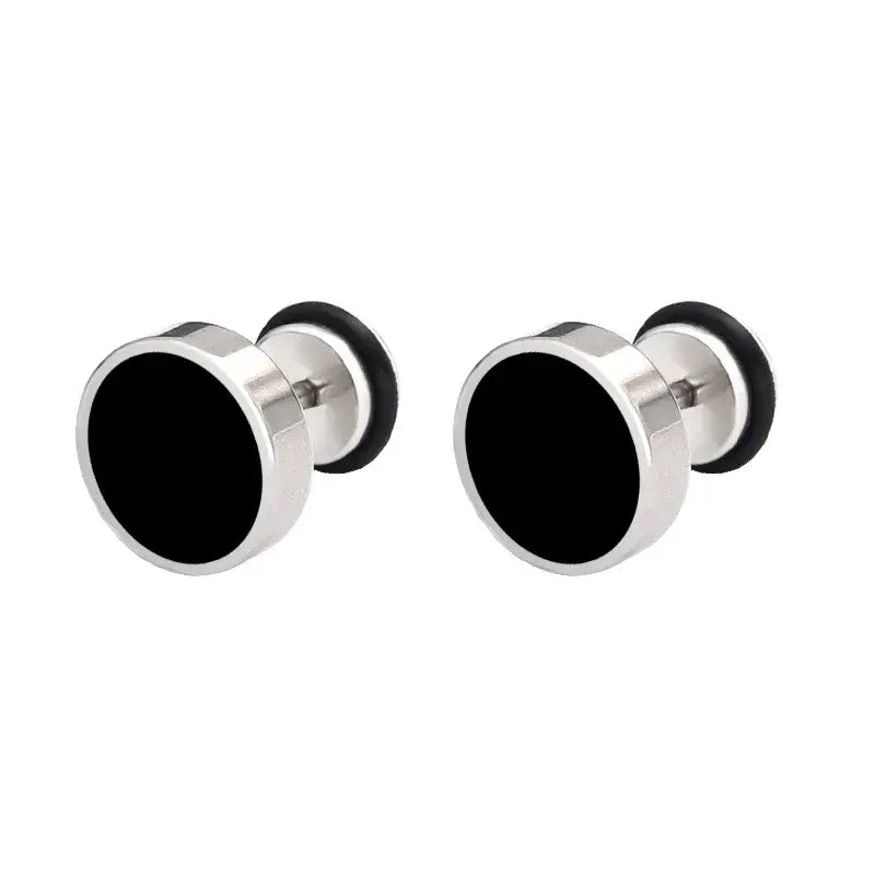 Stainless steel silver black stud earrings, pair.