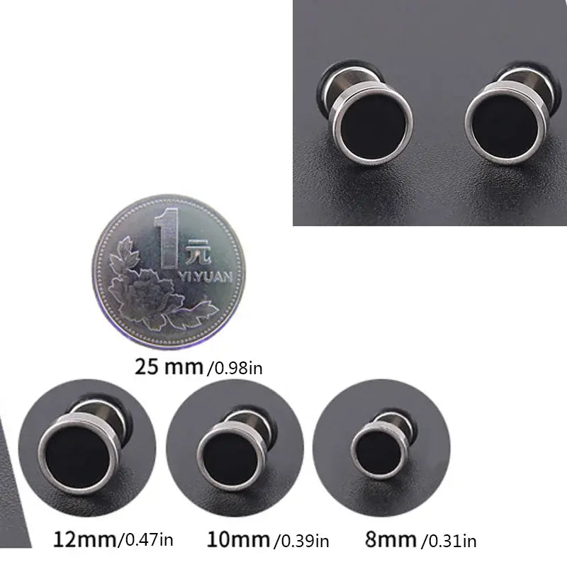Stainless Steel Silver Black Stud Earrings - Size Comparison 12MM, 10MM, 8MM with Coin