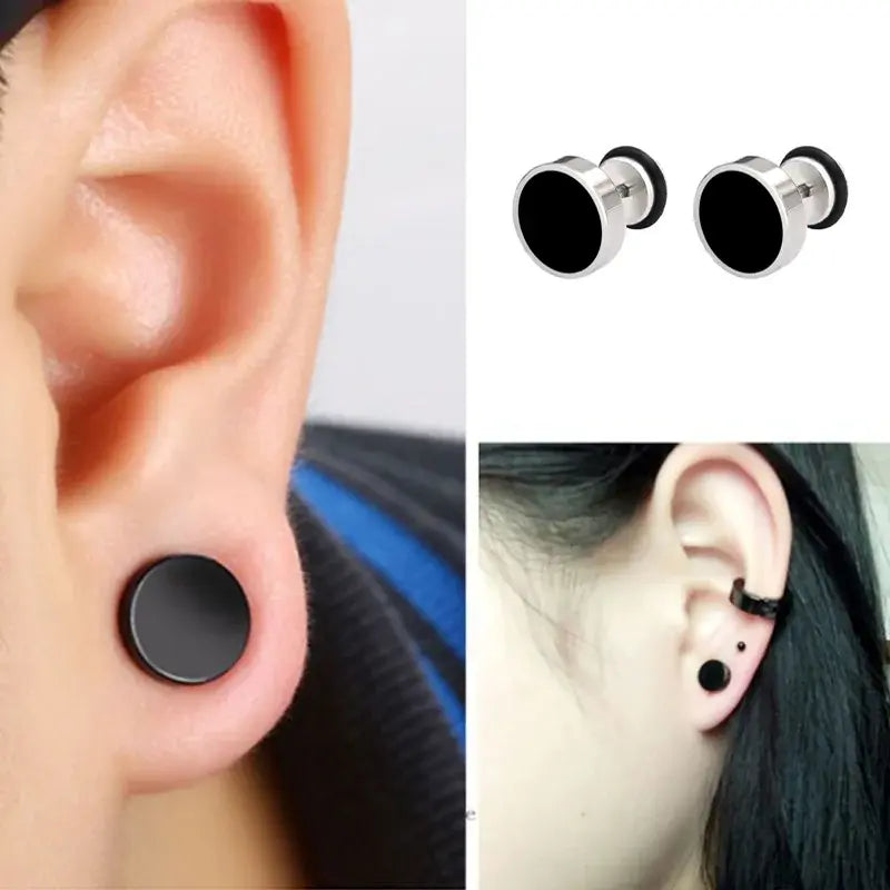 Effect of Stainless Steel Silver Black Stud Earrings Worn on Ear