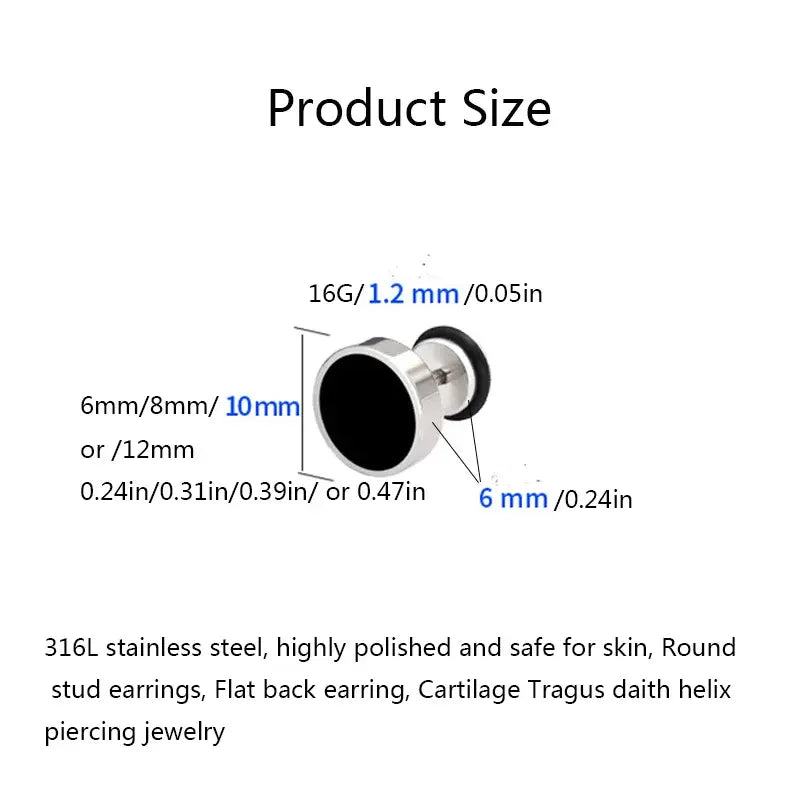 Stainless steel black round stud earrings, 6mm-12mm, 16G, cartilage tragus daith helix piercing jewelry.