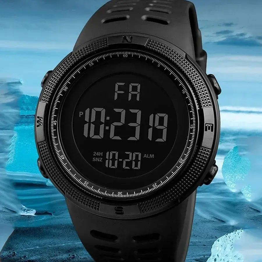 Black waterproof digital sport watch with large LED display for men, durable outdoor wristwatch