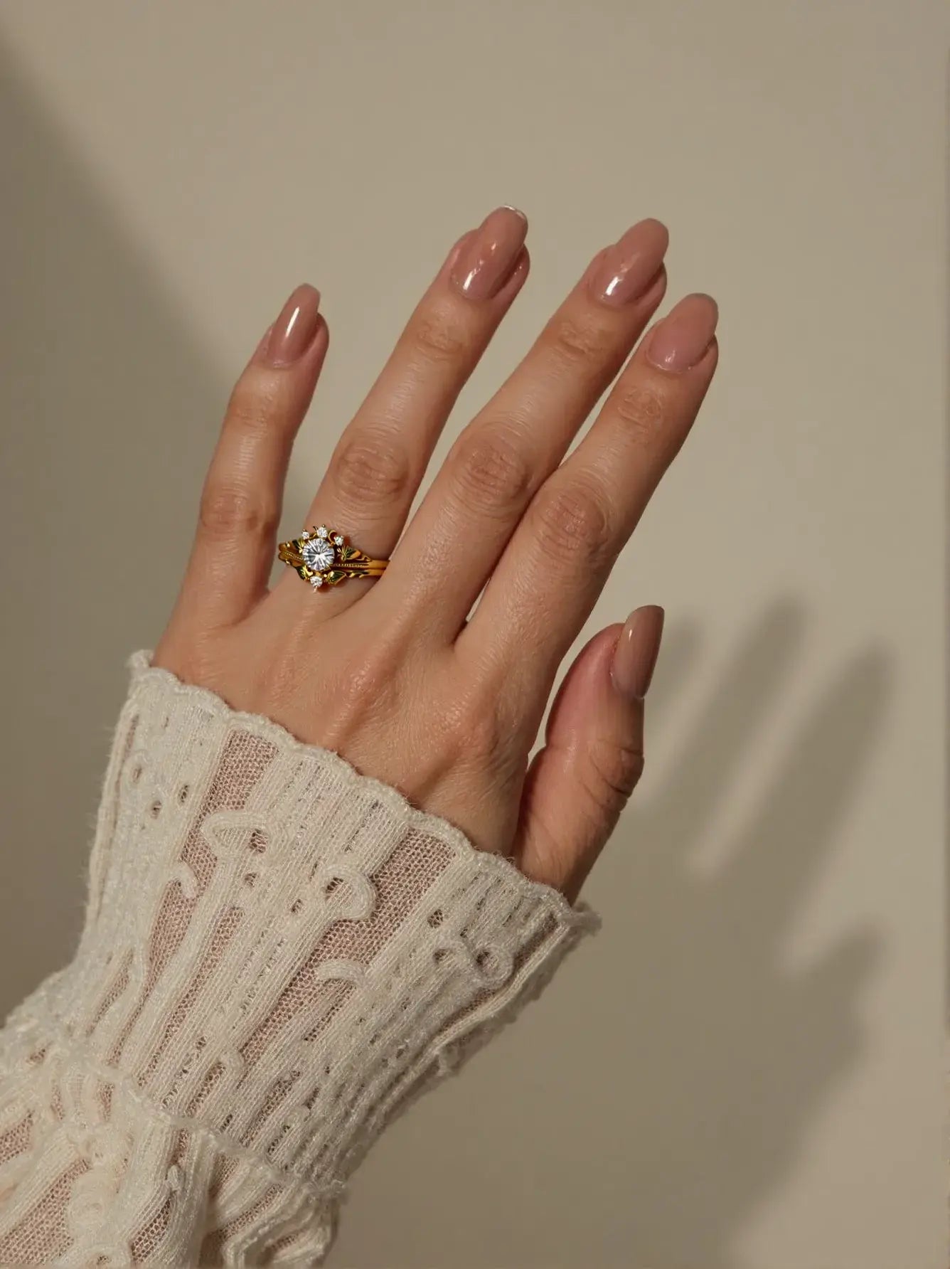 Sparkling crown zircon ring on woman’s hand