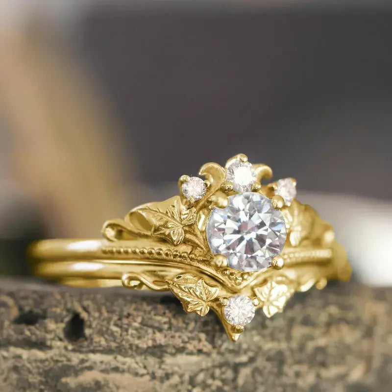 Crown zircon ring shown from the left side, showcasing detailed craftsmanship and sparkling stones