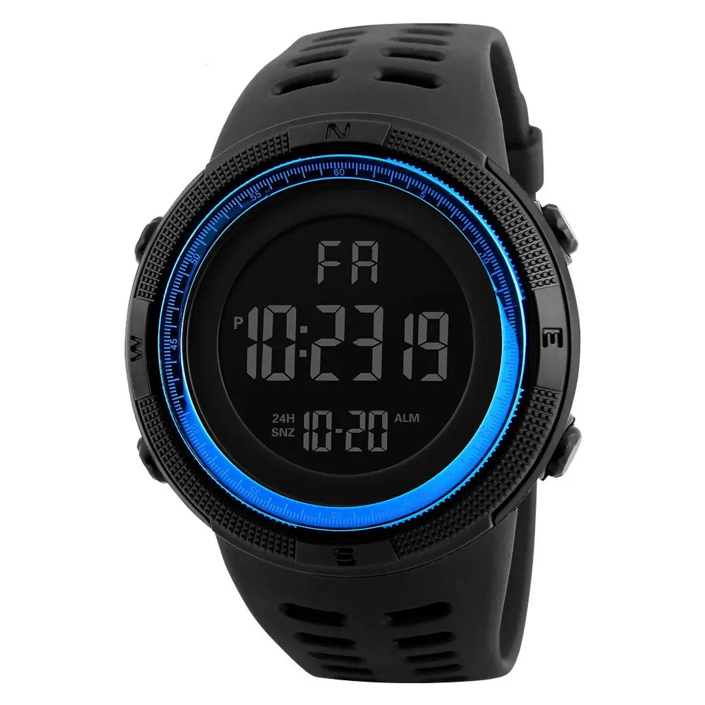 Black digital sport watch with blue bezel, waterproof LED wristwatch for men with alarm and date display