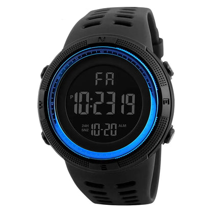 Black digital sport watch with blue bezel, waterproof LED wristwatch for men with alarm and date display
