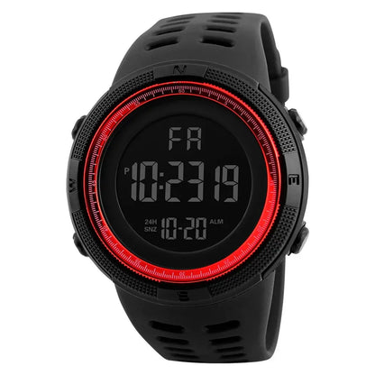 Black digital sport watch with red bezel, waterproof outdoor wristwatch for men with LED display and alarm function