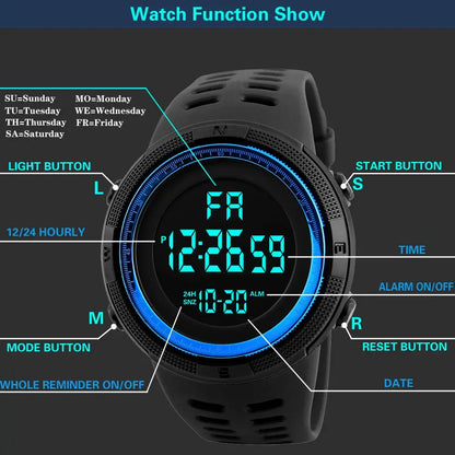 Blue digital sport watch with blue LED display showing time, alarm, date, 12/24 hour format, and labeled function buttons