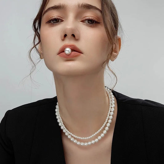 Double Layered Pearl Necklace for Women Simple Clavicle Chain Elegant Short Choker Jewelry for Party