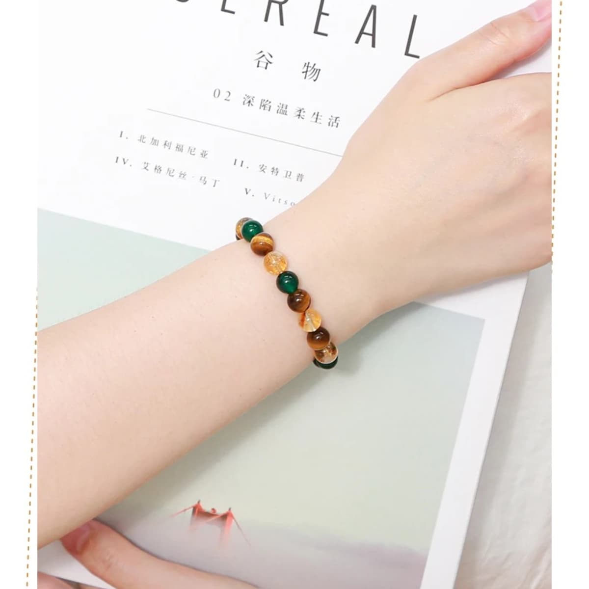 Green & Brown Beaded Stretch Bracelet for Women – Handmade Stacking Bracelet