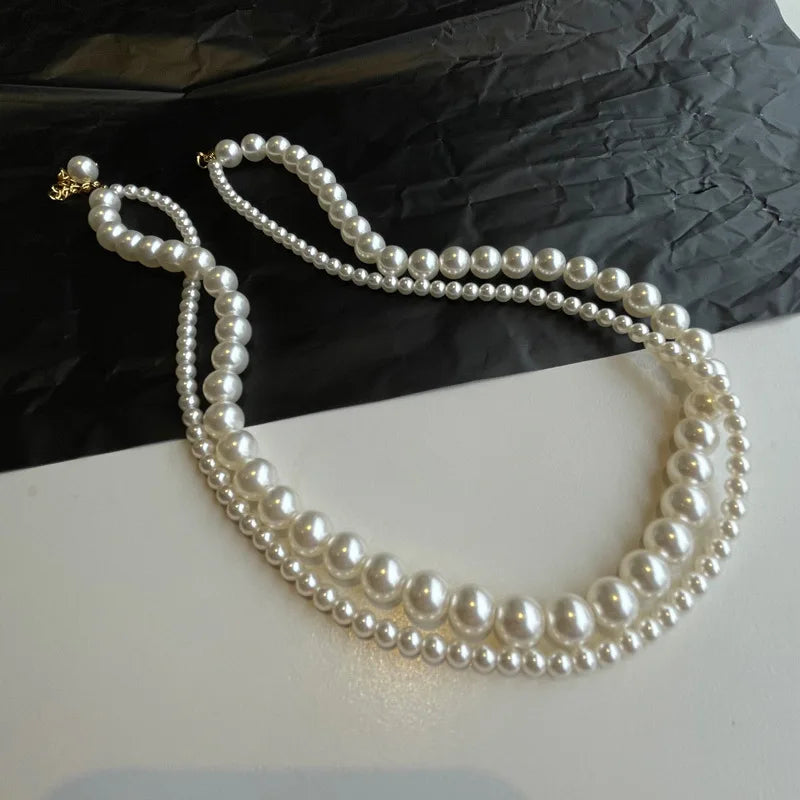 Double Layered Pearl Necklace for Women Simple Clavicle Chain Elegant Short Choker Jewelry for Party