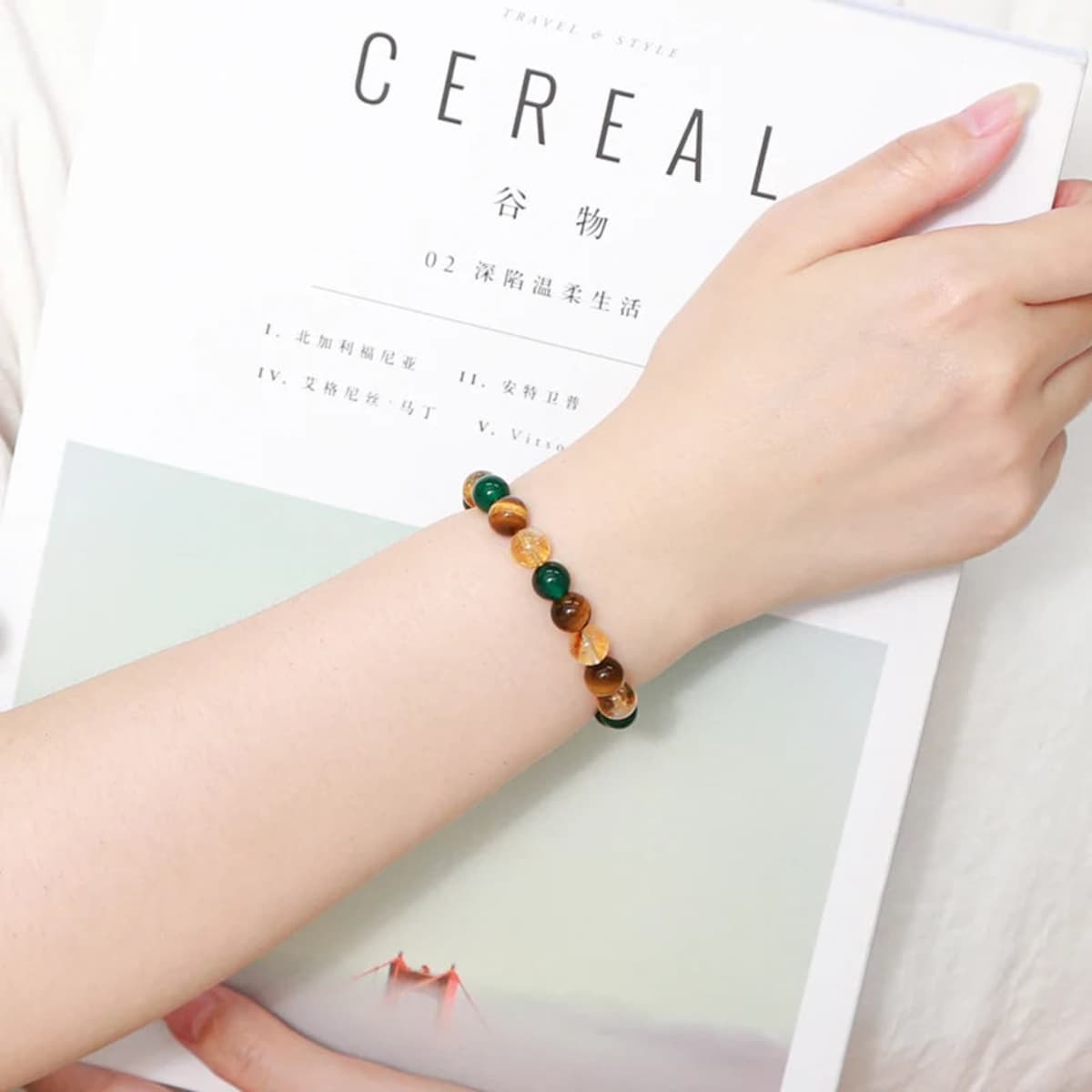 Green & Brown Beaded Stretch Bracelet for Women – Handmade Stacking Bracelet