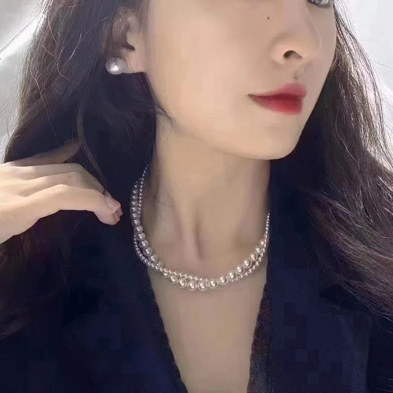 Double Layered Pearl Necklace for Women Simple Clavicle Chain Elegant Short Choker Jewelry for Party