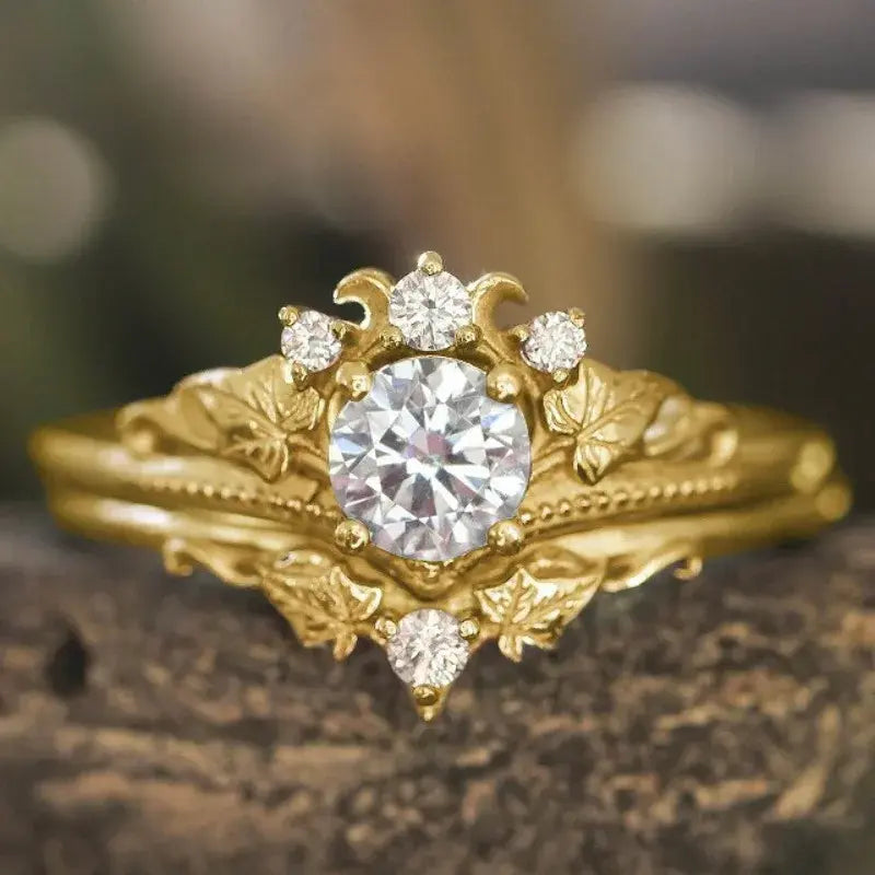 Front view of a crown design zircon ring with sparkling details