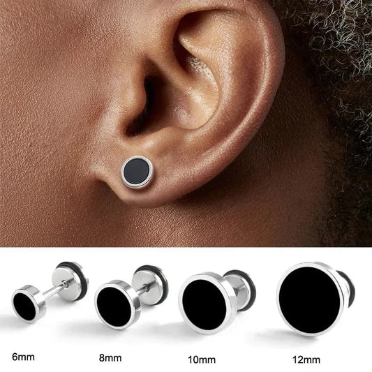 Silver black stud earrings in 6mm, 8mm, 10mm, 12mm sizes, stainless steel.