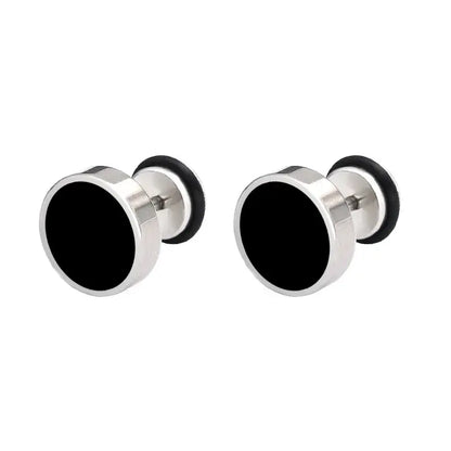 Stainless steel silver black stud earrings, pair.