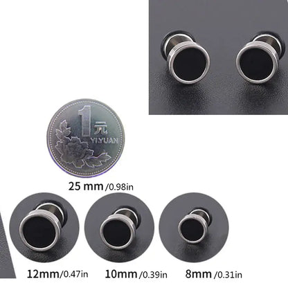 Stainless Steel Silver Black Stud Earrings - Size Comparison 12MM, 10MM, 8MM with Coin