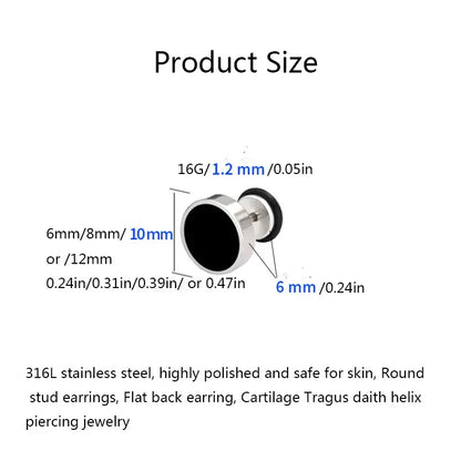 Stainless steel black round stud earrings, 6mm-12mm, 16G, cartilage tragus daith helix piercing jewelry.